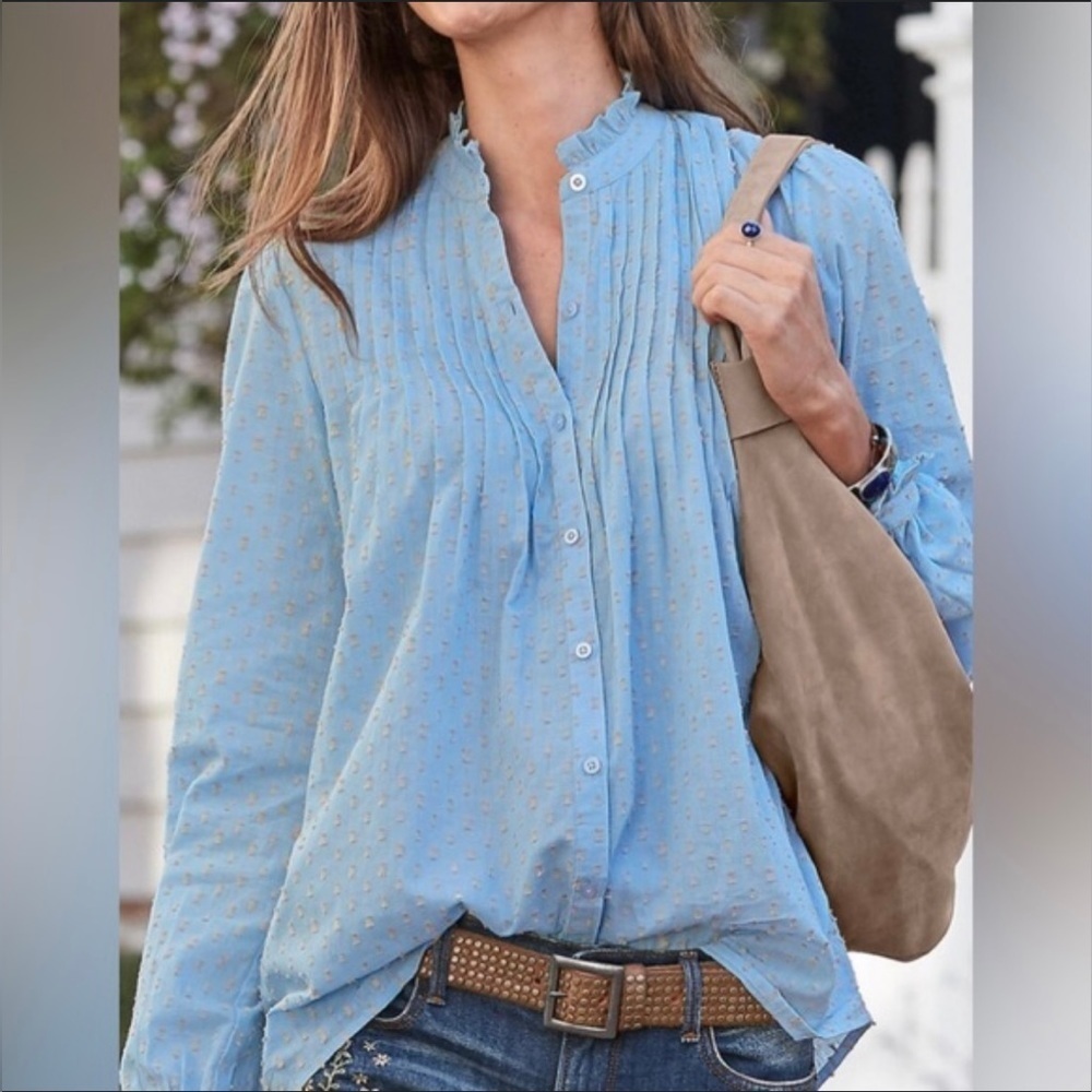 Sundance Phillipa Pintuck Button Down Pleated Swiss Dot Baby Blue Blouse (XS)